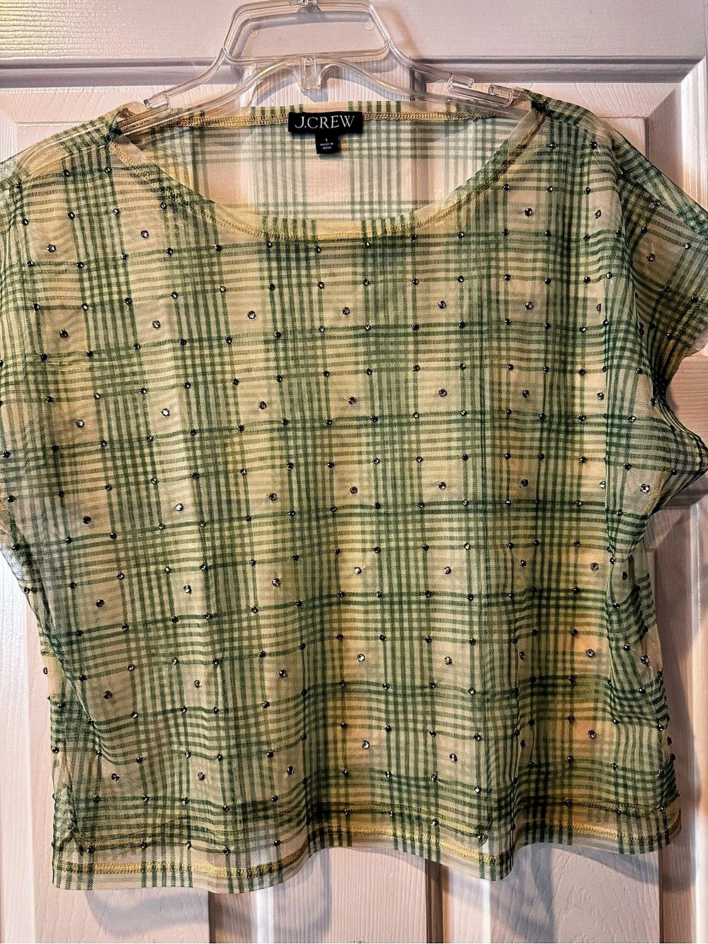 J.Crew Plaid Embellished Blouse in Green & Cream Size Large- boxy style